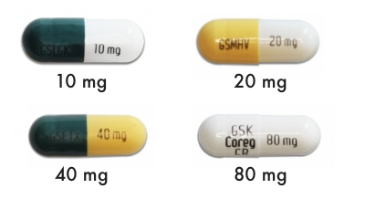 Coreg CR capsules appear as follows: 10 mg capsules are green and white with "10 mg" written in black. 20 mg capsules are yellow and white, with "GSMHV" and "20 mg" written in black. 40 mg capsules appear green and yellow with "GSETX" and "40 mg" printed in black. 80 mg capsules are white with "Coreg CR" and "80 mg" written in black.